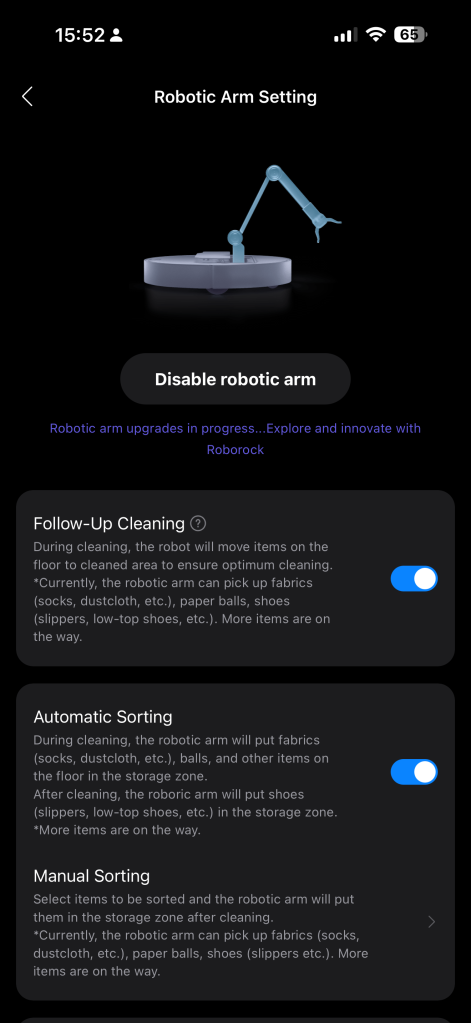 Screenshot of Roborock app robotic arm settings for Saros Z70
