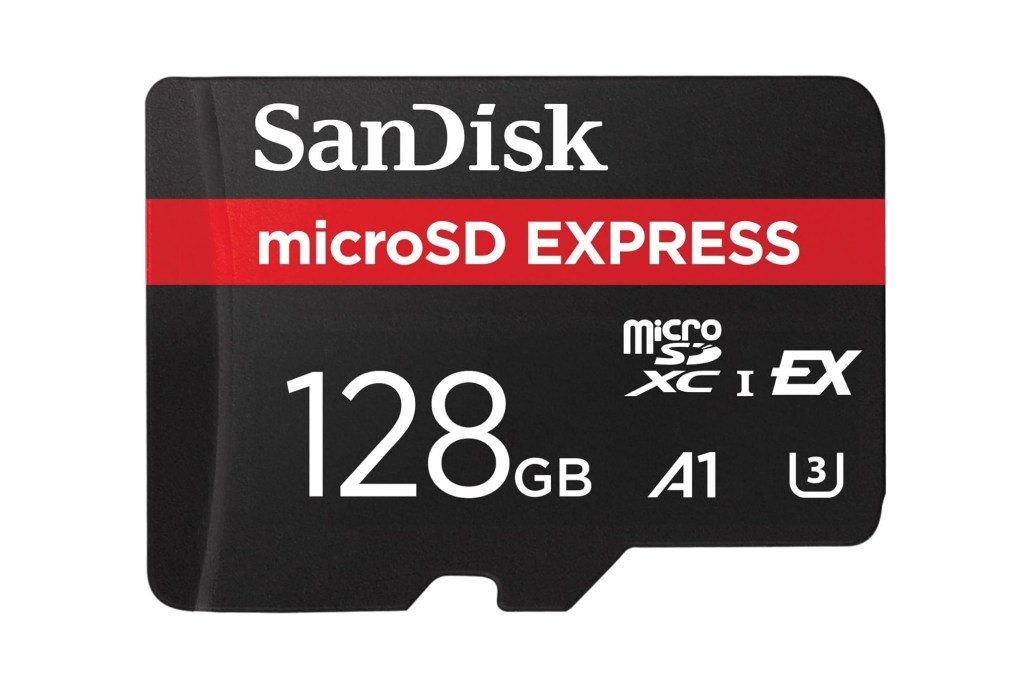 SanDisk microSD Express Card 128GB on white background