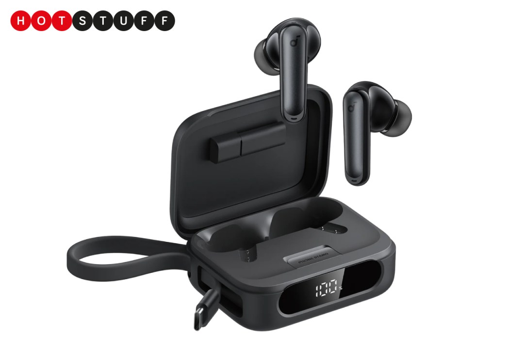 A black pair of Soundcore P41i earbuds floating above the charging case