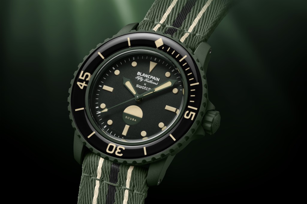 Swatch Blancpain Fifty Fathoms Green Abyss on green background