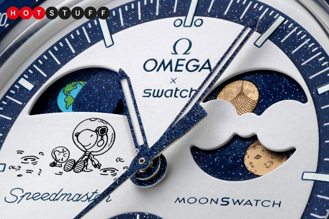 Snoopy MoonSwatch MoonPhase Gold dial closeup