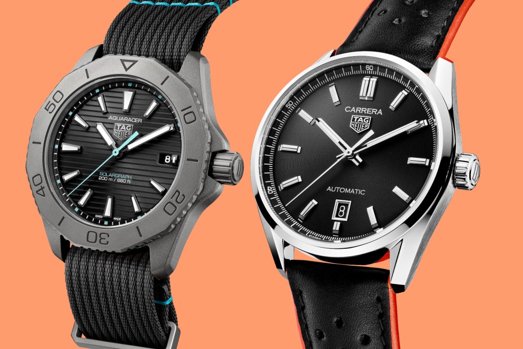 Two TAG Heuer Online exclusives on an orange background