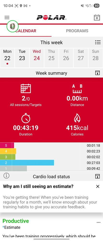 Polar Loop review app calendar