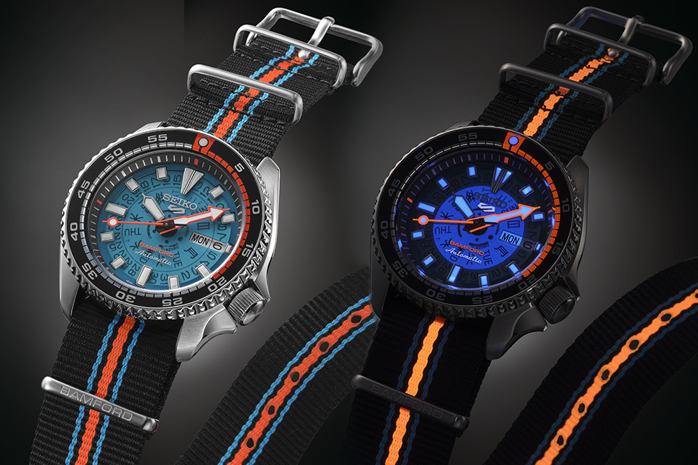 Seiko 5 Sports x Bamford Limited Edition on black background