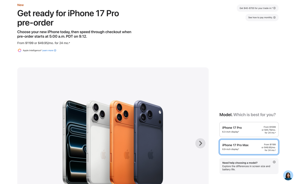 Screenshot of Apple's Get ready for pre-order page for iPhone 17 Pro