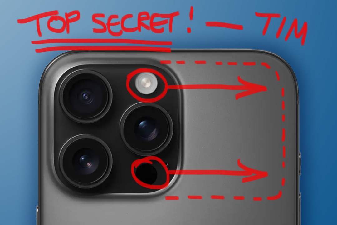 iPhone 16 Pro with arrows showing bits that are moving. In marker, it says: Top Secret – Tim