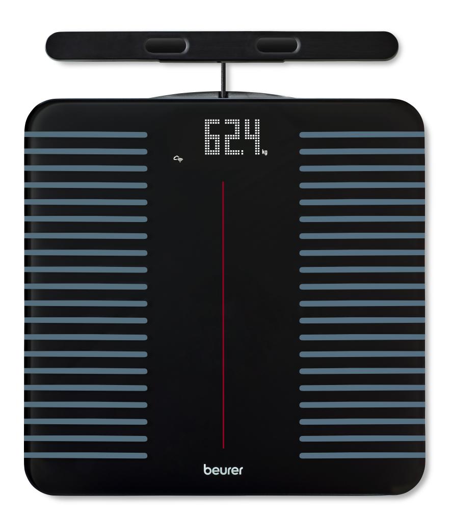 A black smart bathroom scale with a pull-ut handle