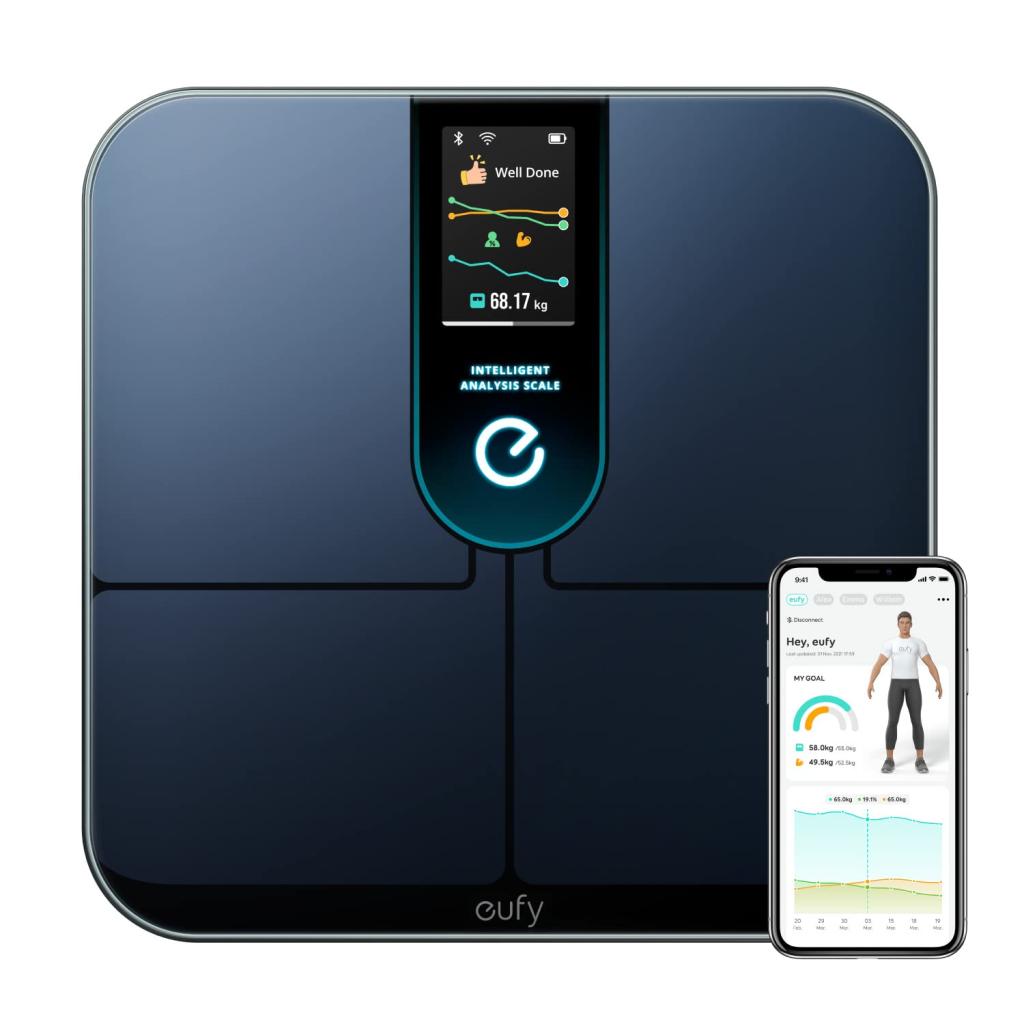 A black smart bathroom scale with a smartphone