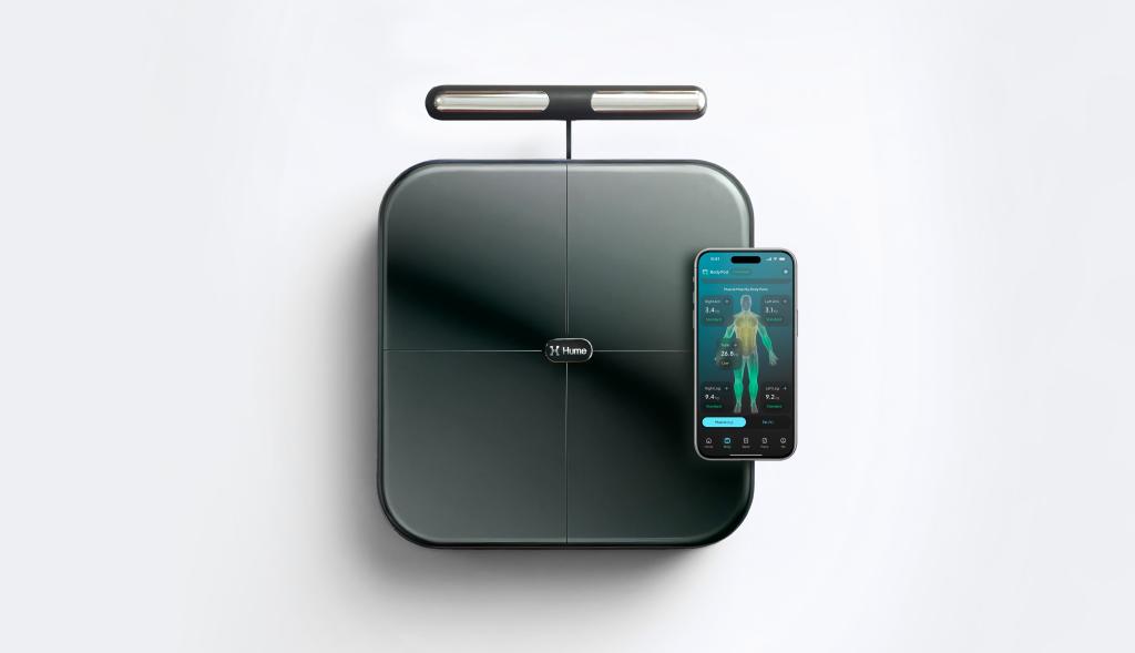 A black smart bathroom scale with a pull-out handle