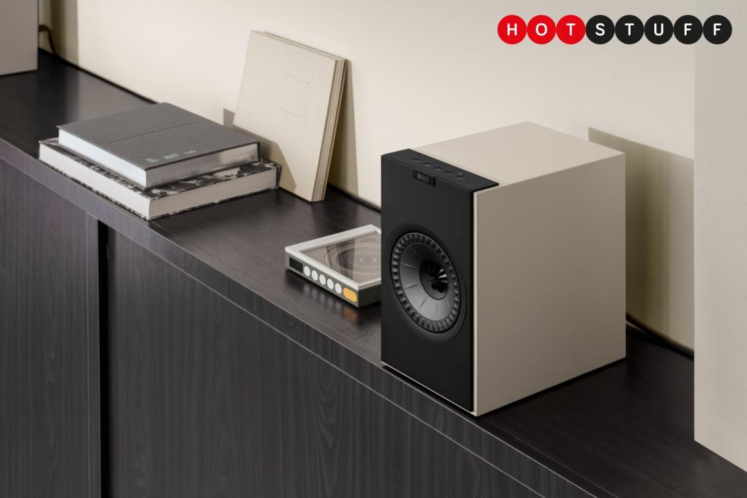 A KEF Coda W speaker on a sideboard