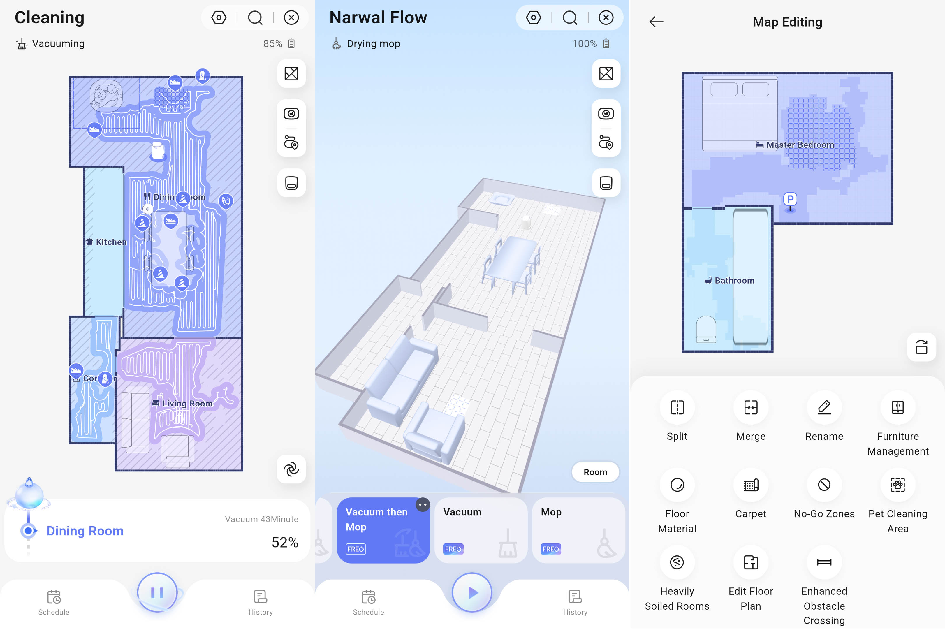 Three app maps for robot vacuuming