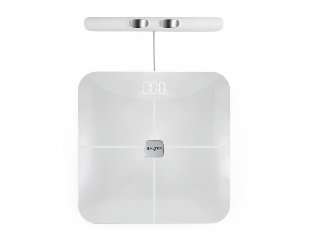 A white smart bathroom scale with a pull-ut handle