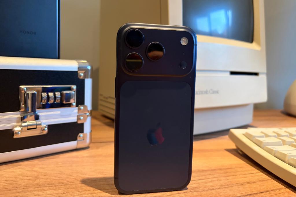 iPhone 17 Pro in blue stood up