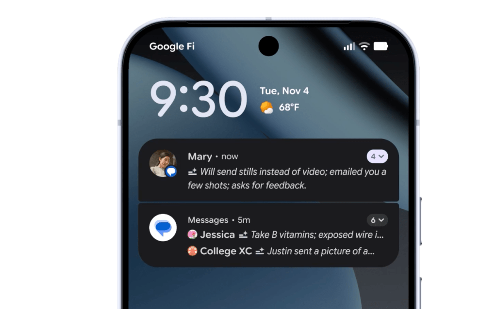 Message summaries on a Google Pixel phone with Android 16