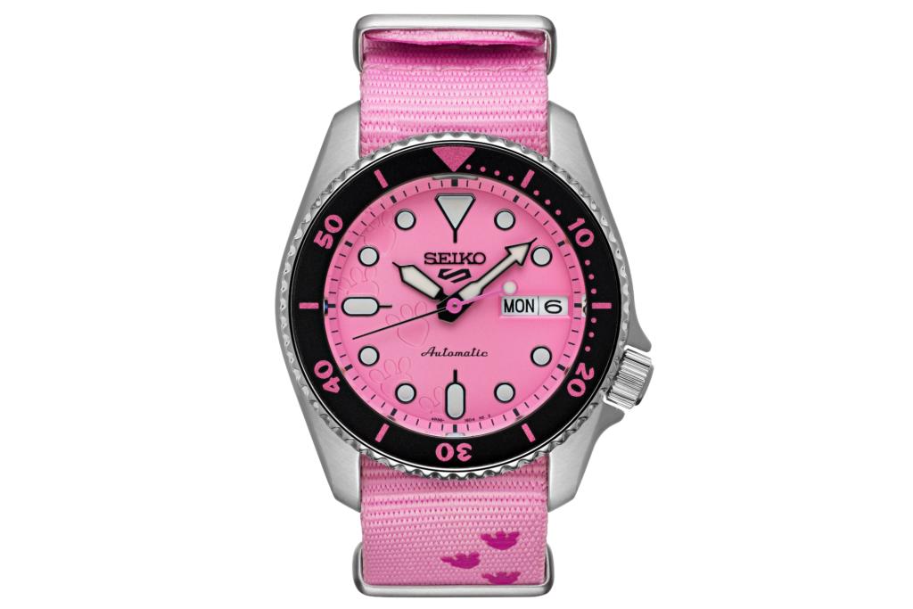 Seiko 5 Sports x The Pink Panther on white background