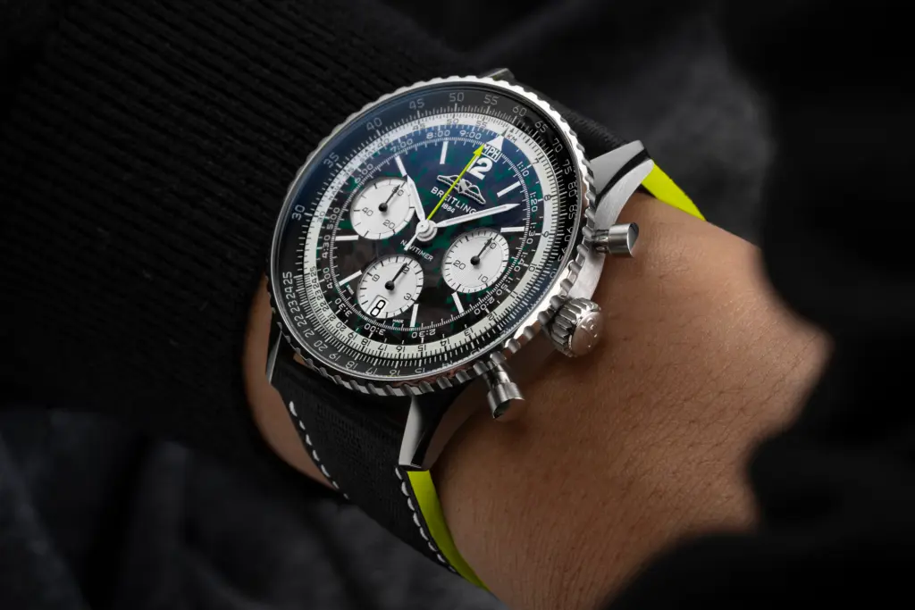 Breitling Navitimer B01 Chronograph 43 Aston Martin Aramco Formula One on wrist