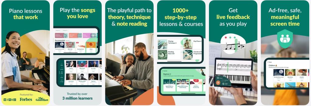 Skoove app interface showing piano lesson with real-time feedback and sheet music notation