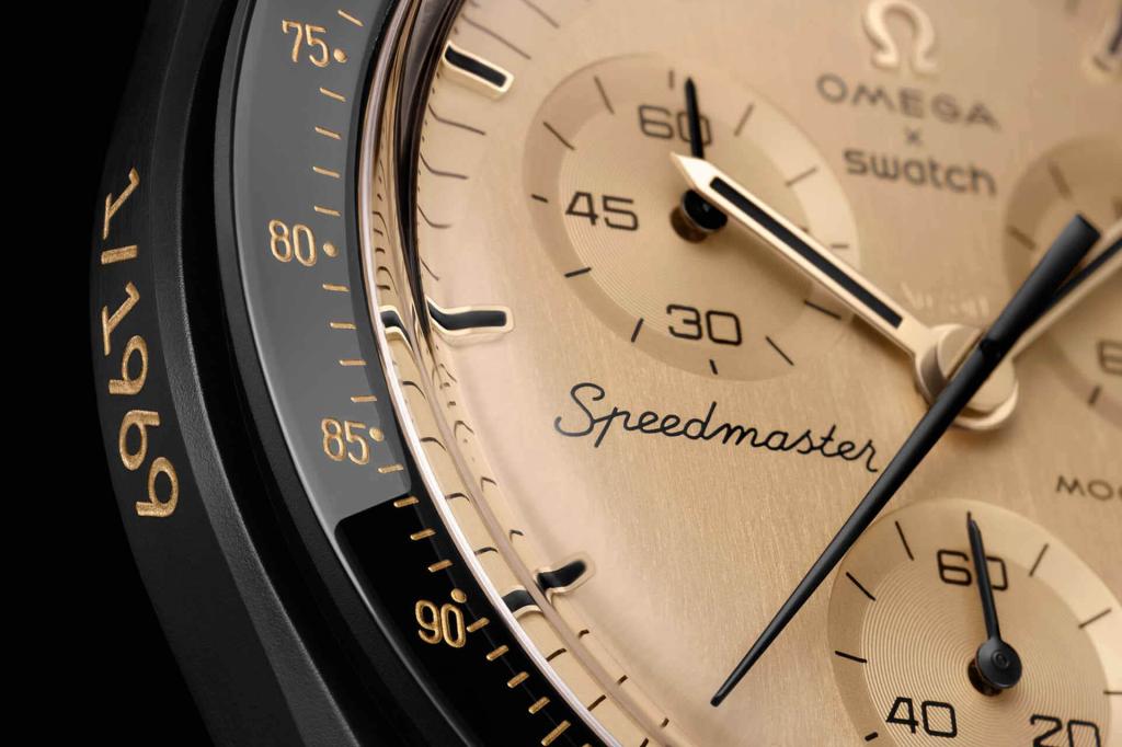 Swatch x Omega MoonSwatch Mission to the Moon 1969 case closeup